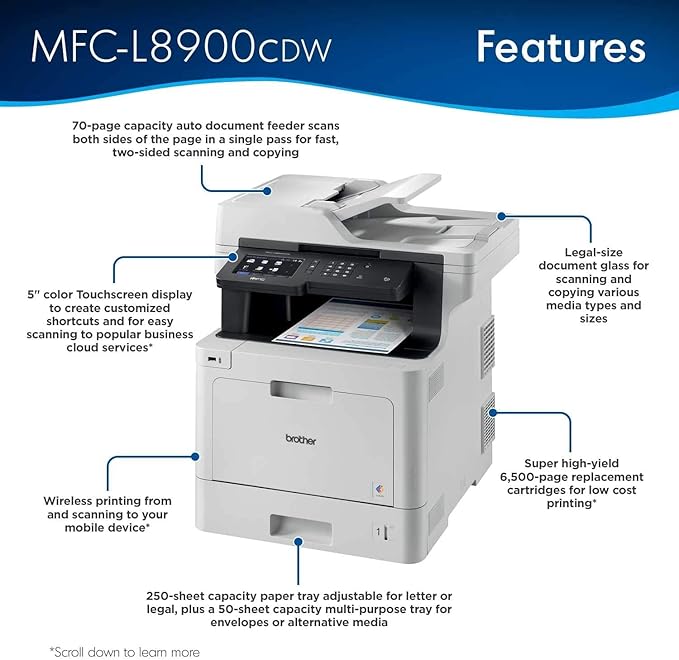 Brother Color MFC-L8900CDW Wireless All-in-One Laser Printer for Home Office - Print Copy Scan Fax - 33 ppm, 2400 x 600 dpi, 5" Touchscreen LCD, Auto Duplex Printing, 70-Sheet ADF, NFC, Ethernet