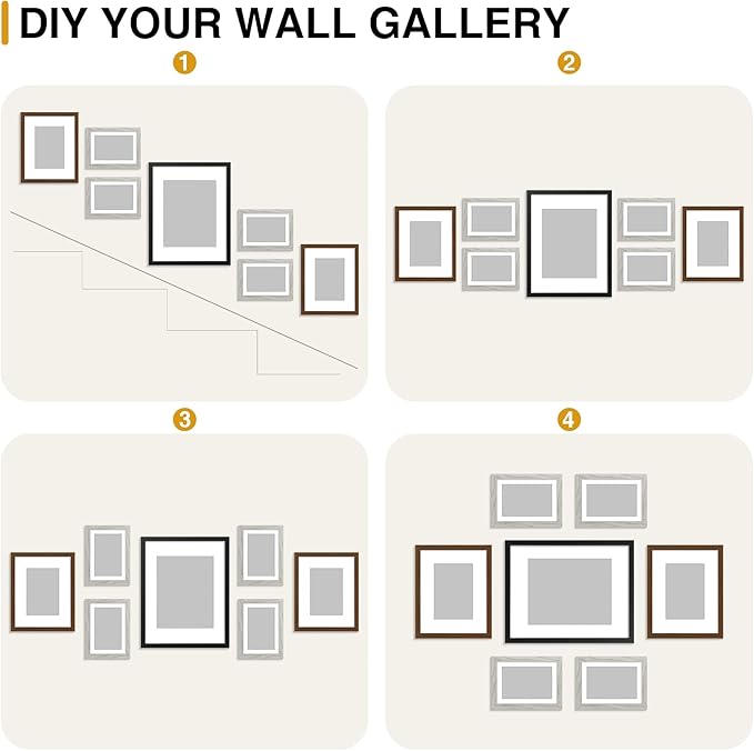decorUhome Assorted Picture Frames Collage Wall Decor for Photo Gallery Display Set of 7 Including One 11x14 / Two 8x10 / Four 5x7 for Family Wall Decor, Black/Brown/Grey, 7 Pack