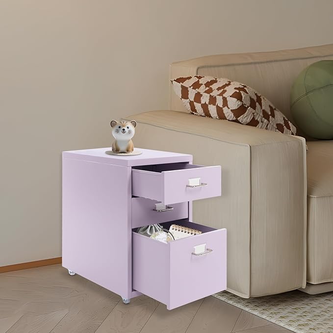 File Cabinet, 3 Drawer Office Filing Cabinet Metal Storage Cabinet with Wheels for Home and Office, Under Desk Cabinet Rolling Storage Case for Notebooks Cosmetics (Purple)