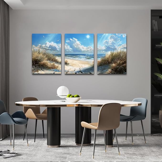 TTHYUEWS Canvas Wall Art For Bedroom & Living Room Modern Decorations Blue Ocean Beach Wall Paintings Sea Wave Wall Pictures Artwork for Office Ready To Hang Home Decor 3 Piece