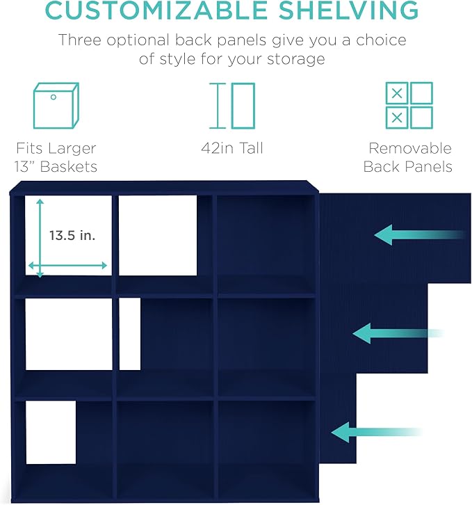 Best Choice Products Kids Bookcase 9-Cube Storage Organizer, 13.5in Shelf Opening, Bookshelf, Toy Storage, Customizable w/ 3 Removable Back Panels – Navy