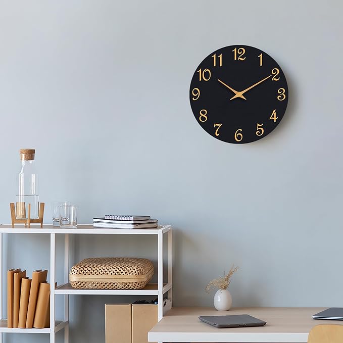 Wall Clock, 10 Inch Modern Wall Clocks Battery Operated, Silent Non Ticking Clock Decorative for Kitchen, Living Room, Bathroom, Office, Bedroom(Black Gold)