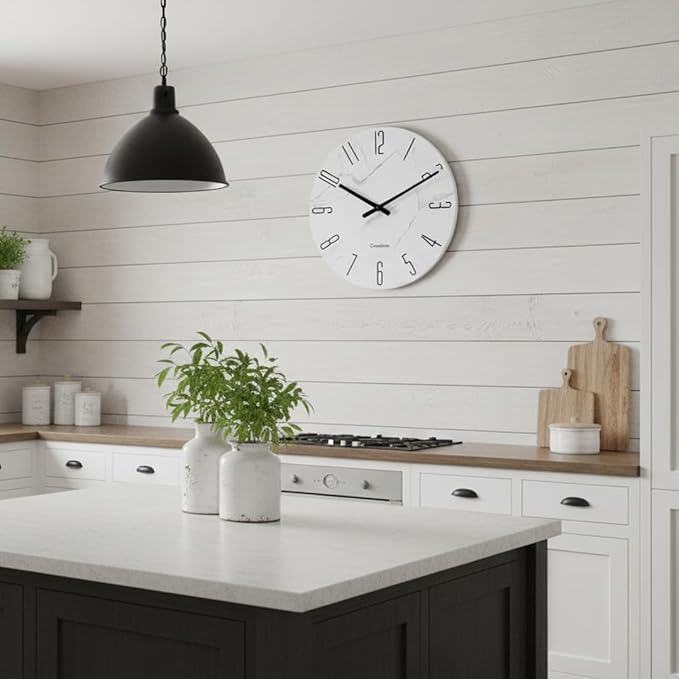 16 Inch Wall Clock White Marble Grain - Battery Operated Silent Modern Farmhouse Decor Quartz Round Analog Clock for Kitchen, Bathroom, Living Room