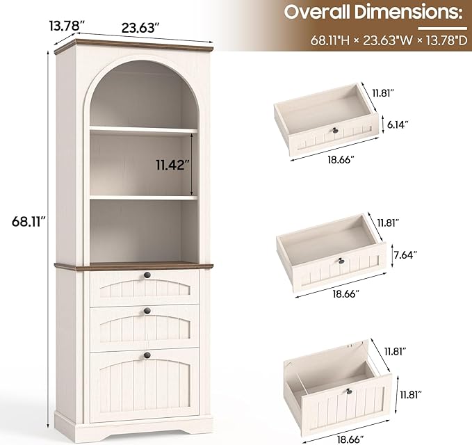 Farmhouse File Cabinet Fits Letter/Legal/A4 Size Hanging File Folders, 3-Tier Floor Standing Bookcase with File Drawer and Open Shelf, Wood Filing Cabinet Printer Stand for Home Office, White