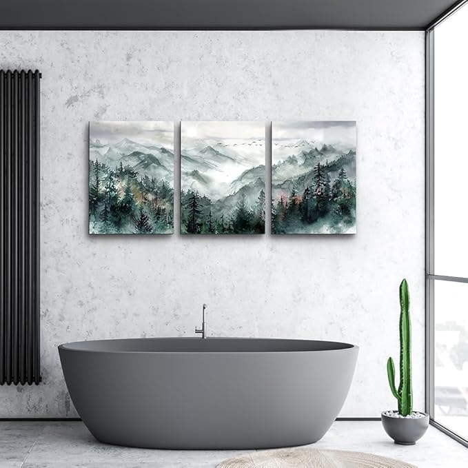 TTHYUEWS Wall Art for Bedroom Wall Decor for Living Room Office Decor Mountain Forest Landscape Wall Pictures Watercolour Paintings Artwork 3 Piece Canvas Art Prints Ready To Hang Home Decoration