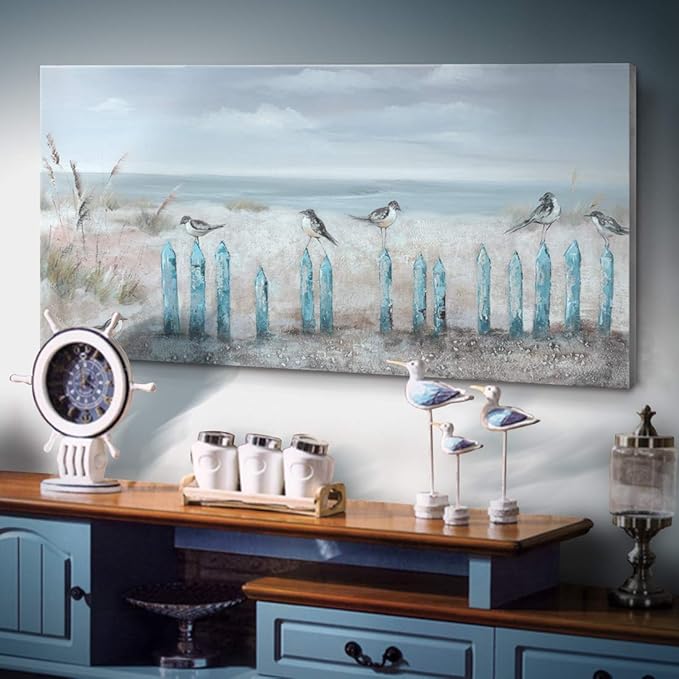 amatop Large Living Room Wall Art Hand-Painted 3D Seascape Canvas Oil Painting Ocean Beach Coastal Picture Artwork for Home Decorations Bedroom Office Décor 48x24inch