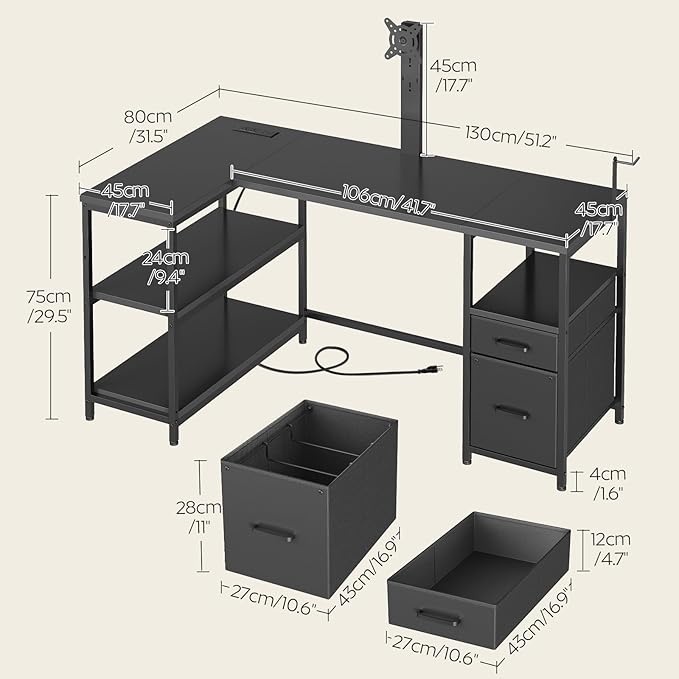 L Shaped Computer Desk with Adjustable Monitor Stand, Gaming Desk with Power Outlets, Office Desk with Fabric Drawer, File Drawer and Hook, for Living Room, Home Office, Black DN03UBB