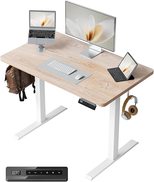 CubiCubi 32 x 20 Small One-Piece Standing Desk, Adjustable Height Electric Computer Sit Stand up Home Office Workstation, with 4 Memory Presets, Headphone Hook, Maple