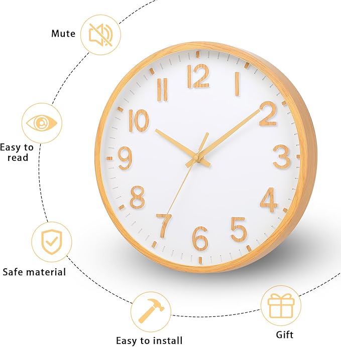 Wall Clocks Battery Operated 12 inch Modern Wall Clock,Silent Non Ticking Wall Clock for Living Room Bedroom Kitchen Office Classroom Decor (Wood Grain Yellow White)