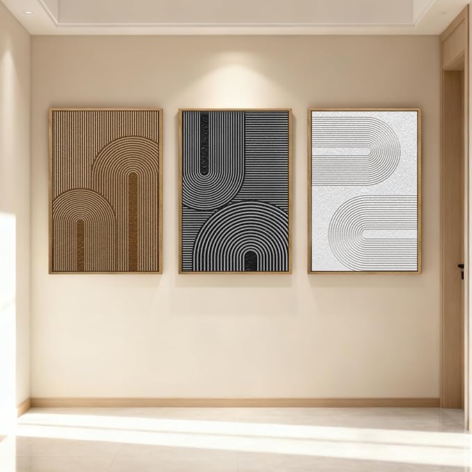 BINCUE Extra Large Abstract Wall Art Framed,Dark Modern Neutral Wall Art Canvas,Boho Artwork Minimalist,Black Brown White Geometric Line Painting for Home Living Room Bedroom 24x36 Inches Set of 3
