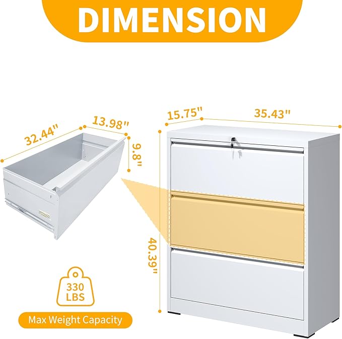 File Cabinet with Lock, 3 Drawer Lateral Filing Cabinet for Home Office, Metal Heavy Duty File Cabinets for Hanging Letter/Legal/F4/A4 Size Files, Assembly Required (White)
