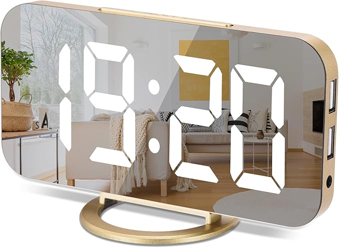 Sukeen Digital Alarm Clock,6" Large LED Display with Dual USB Charger Ports | Auto Dimmer Mode | Easy Snooze Function, Modern Mirror Desk Wall Clock for Bedroom Home Office for All People (Gold)