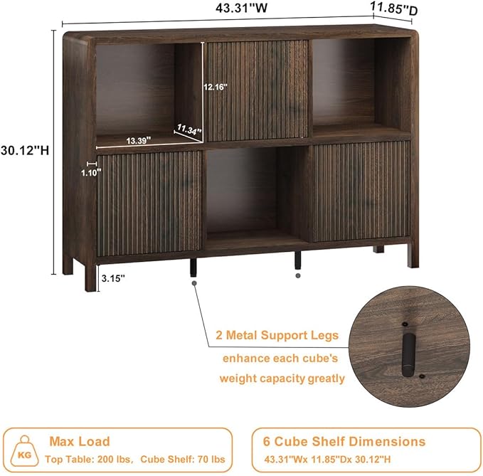 FATORRI 6 Cube Storage Organizer Book Shelf, Horizontal Bookshelf with 3 Doors, 3 Tier Wooden Bookcase for Living Room, Home Office (Dark Walnut)