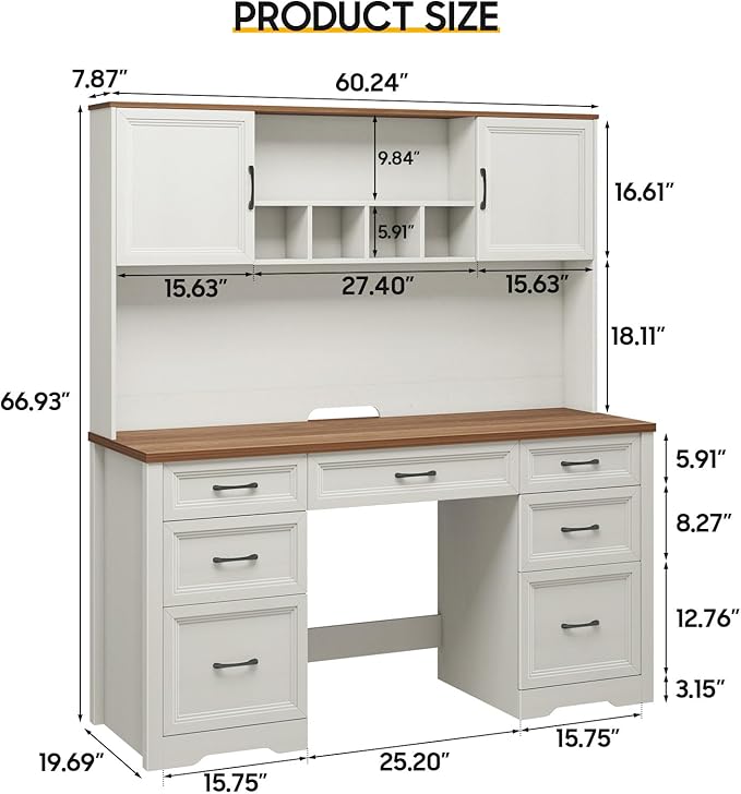 Farmhouse Executive Desk with 7 Drawers and Storage Cabinet, Rustic Large Home Writing Desk with Hutch, Workstation for Bedroom, White