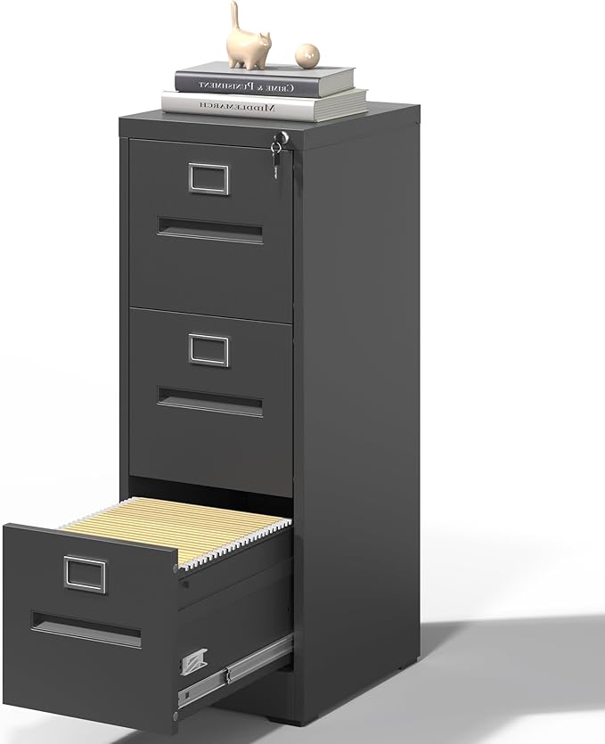 3 Drawer File Cabinet, Vertical File Cabinets with Lock for Home Office,Heavy Duty Office Steel Filing Cabinet for Hanging Letters/Legal/A4, Assembly Required (Black)