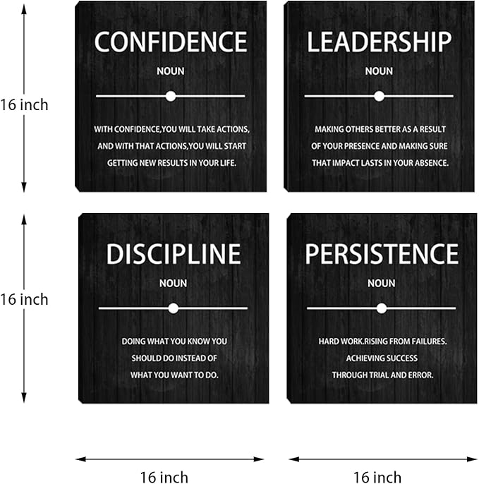 Halioyo 4 Pieces Inspirational Wall Art, Motivational Canvas Prints, Persistence Leadership Confidence Discipline Painting Poster for Living Room Bedroom Home Office Wall Decor, 16x16-inch