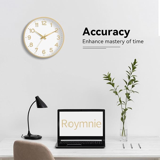 Wall Clock 12 Inch Silent Wall Clocks Battery Operated-Modern Non Ticking Analog Clock Decorative for Kitchen Bedroom Office (White Gold)
