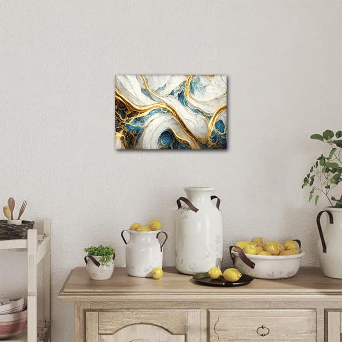 Canvas Wall Art Decor Abstract Artwork Printing 1 Panel Modern Marble Art Poster Blue Gold and White Colors Picture for Home Decor Store Wall Decoration Stretched and Framed Ready to Hang 18x12 in