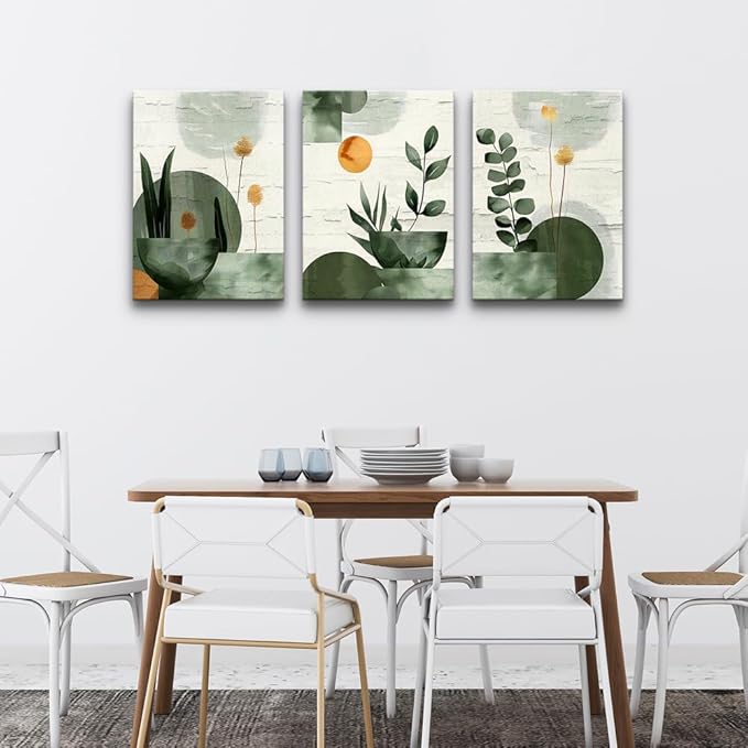 TTHYUEWS Boho Wall Art For Bedroom Canvas Wall Decor For Living Room Office Abstract Decorations Plant Wall Paintings Geometry Pictures Artwork Modern Bathroom Home Decor Ready To Hang 3 Piece