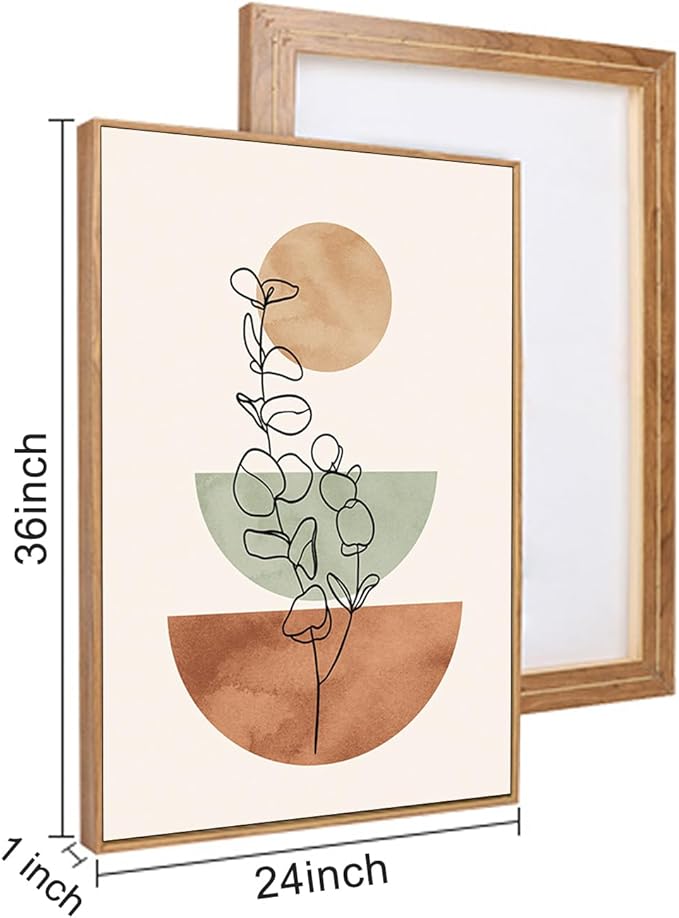 Boho Terracotta Green Framed Canvas Wall Art Set, Abstract Plant Wall Decor, Mid Century Modern Geometric Wall Painting, Neutral Abstract Art Print to Living Room, Bedroom, Office 36"x24"x3