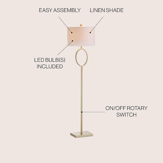 JONATHAN Y 61" Brass Gold Metal LED Floor Lamp for Living Room Modern Hoop Design Standing Lamp, White Linen Drum Shade, Bedroom Home Office, LED Bulb Included JYL1089A