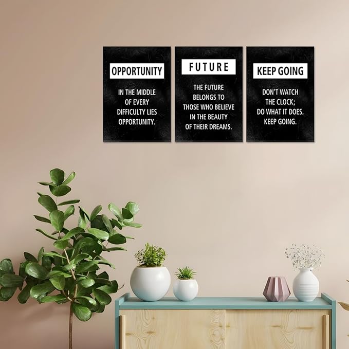 Motivational Wall Art Framed Positive Quotes Canvas Picture Opportunity Future Keep Going Inspirational Wall Decor Black Encourage Words Prints Affirmation Poster Modern Office Artwork, 20x28 inx3PCS