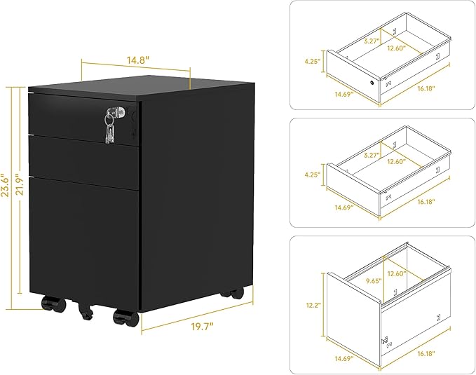 3 Drawer Locking Mobile Metal Storage, File Cabinet for Home or Office, Assembled (Except Casters), Black