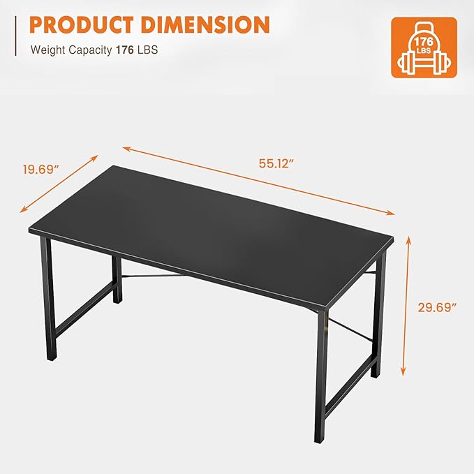Sweetcrispy Small Computer Desk,55 Inch Office Writing Work Desk with Metal Frame Wooden Tabletop, Student Study Home Bedroom Table with X-Shaped Reinforcement, Black