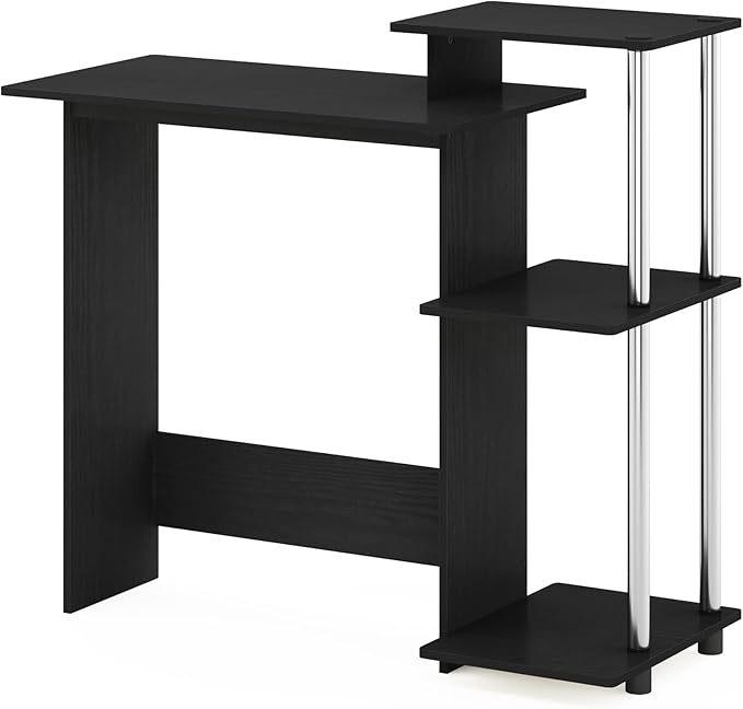Furinno EFFICIENT Desk, 28.6" Wide Gaming Desk with 3 Open Side Shelves, Laptop Notebook Computer Desk, Office Desk for Home Office, Study Room, Dorm, Bedroom, Americano/Stainless Steel