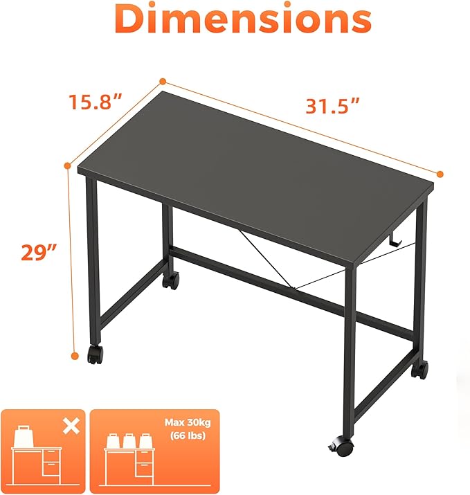 Mericonia 32 inch Rolling Computer Desk with Wheels, Gaming Desk for Small Spaces, Modern Simple Style Table for Home Office, Study Writing Table