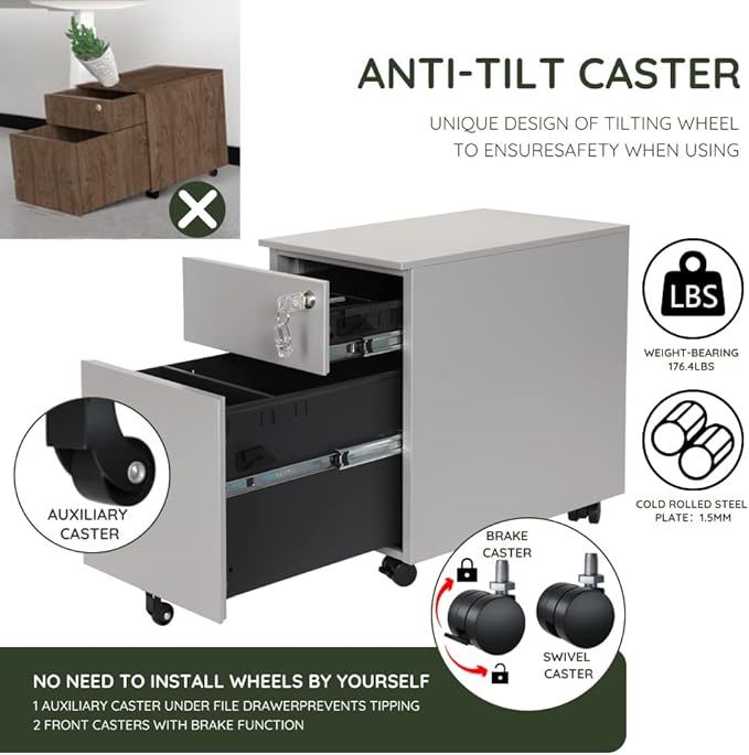 2 Drawer Mobile File Cabinet for Storage Under Desk in Home Office, Mobile File Cabinet, Metal File Cabinet with Lock, Legal/Letter /A4/F4 Size, Fully Assembled, Including Wheels, Grey
