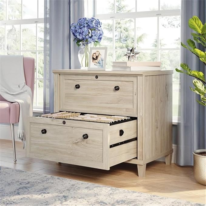 Pemberly Row Engineered Wood Lateral File Cabinet, Chalk Oak Finish, 2-Drawer Design with Key Lock, Solid Wood Feet, Safety Mechanism, Home Office Storage for Letter or Legal Files