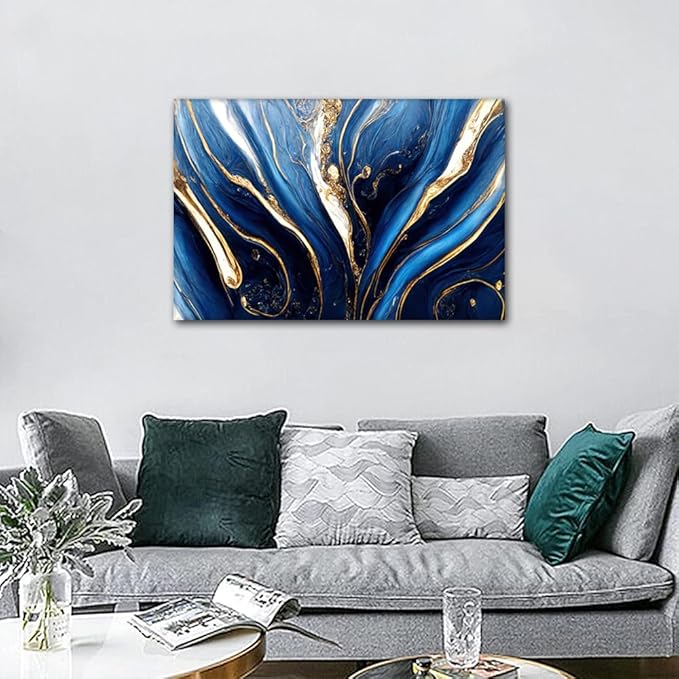 Canvas Wall Art for Living Room Decor Abstract Illustration Printing Blue Gold and White Colors Poster Prints on Canvas for Native Americans 1 Panel Bedroom Wall Decor Framed Ready to Hang 36x24 in