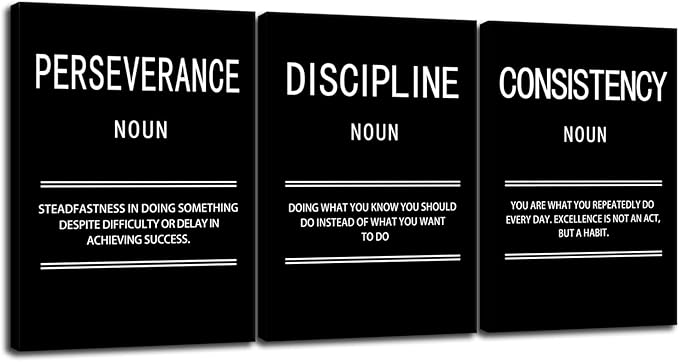 3 Panel Inspirational Canvas Perseverance Discipline Consistency Print Wall Art Motivational Poster Painting Modern Inspiring Artwork for Home Living Room Office Decor Ready to Hang [60''Wx 28''H]