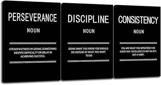 3 Panel Inspirational Canvas Perseverance Discipline Consistency Print Wall Art Motivational Poster Painting Modern Inspiring Artwork for Home Living Room Office Decor Ready to Hang [60''Wx 28''H]