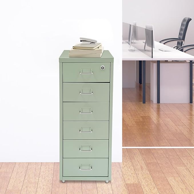 6 Tiers Metal File Cabinet with 6 Drawers Vertical Filing Cabinet with Lock & Wheels Freestanding Locking Storage Cabinet for Home Office, 11 * 16 * 27in (Green)