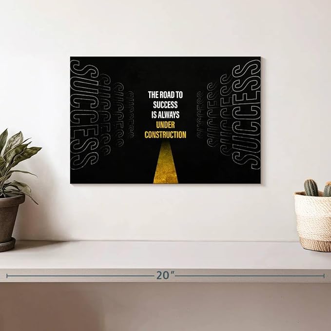 ElephantStock - Work On Your Road To Success Wall Art - Horizontal Canvas Wall Art - Home Office Wall Decor - Digital Art Inspirational And Typography Canvas Art - Black And White Decor - 12" x 8"