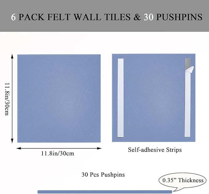 Light Blue Bulletin Board 36" x 24", Cute Cork Boards for Walls, 6 Pack 12" x 12" Felt Tiles with 30 Colored Pushpins, Christmas Decorations Board for Office, School, Bedroom