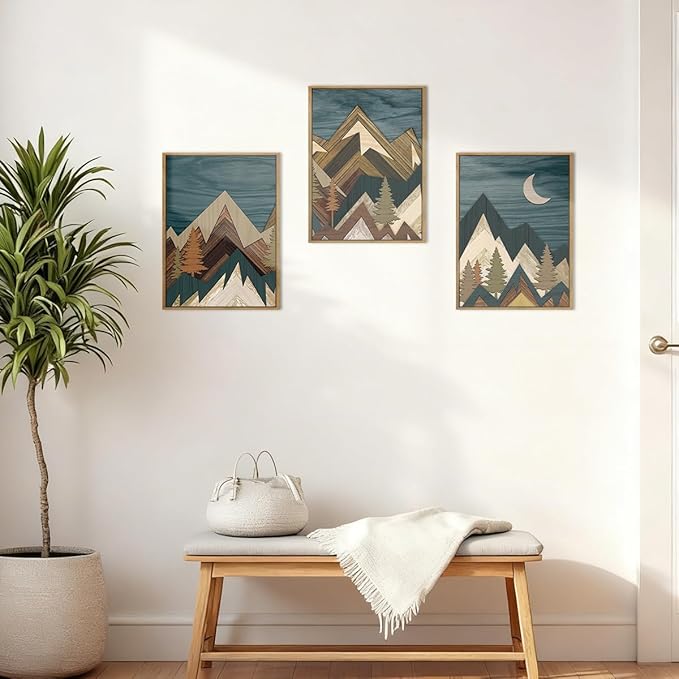 BINCUE Boho Mountain Wall Art Framed,Large Landscape Wall Decor Canvas,Modern Nature Artwork Forest,Abstract Blue Mountain Art Prints Wood for Home Bedroom Living Room Office 12" Lx16''W Set of 3
