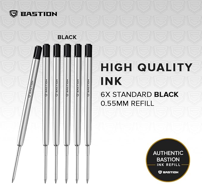 BASTION® Premium Pen Refill, Deeply Pigmented Ink for All Bolt Action Luxury Pens, Standard Ink Refill with 0.55mm Fine Tip - Black 6 Pieces