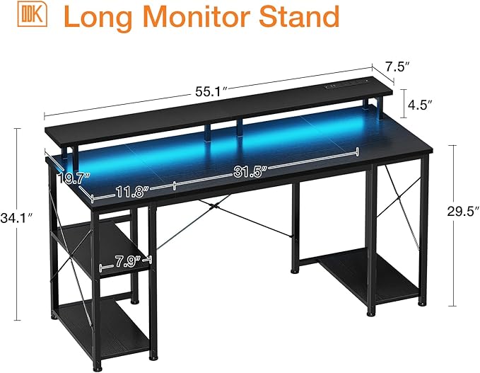 ODK 55 inch Gaming Desk with LED Lights & Power Outlets, Computer Desk with Monitor Stand & Storage Shelves, CPU Stand, Home Office Desk, Black