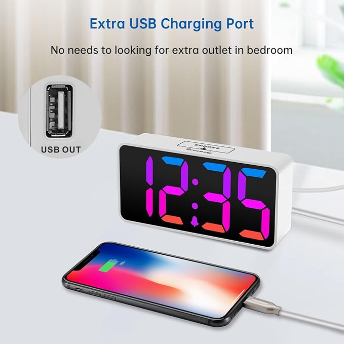 DreamSky Small Digital Alarm Clock for Bederoom, RGB Large Big Numbers Display with Dimmer for Living Room, Electric Bedside Desk Clock with USB Charging Port, Adjustable Volume, USB-C Adapter Powered