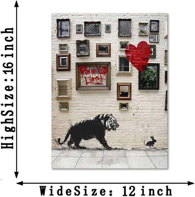 Run for Your Lives Graffiti Inspirational Wall Art Canvas Paintings Tiger Chase Rabbit Poster Artwork Motivational Wall Decor for Office Classroom Living Room Decor Ready to Hang-12x16 inch