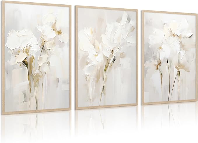 Neutral Wall Art Abstract Floral Canvas Pictures Beige Flower Wall Decor Modern Painting Minimalist Poster Abstract Botanical Prints White Artwork for Bedroom Living Room 16x24 Inch Unframed Set of 3