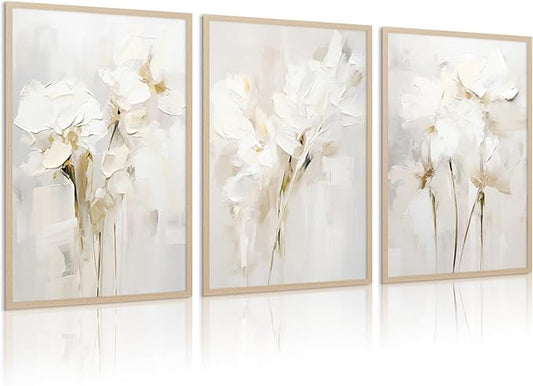 Neutral Wall Art Abstract Floral Canvas Pictures Beige Flower Wall Decor Modern Painting Minimalist Poster Abstract Botanical Prints White Artwork for Bedroom Living Room 16x24 Inch Unframed Set of 3