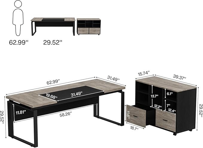 Tribesigns L-Shaped Executive Desk with Reversible File Cabinet, 63" Office Desk with Storage Drawers, L-Shaped Computer Desk with Drawer Cabinet for Hanging Letter Size Files (Gray & Black)