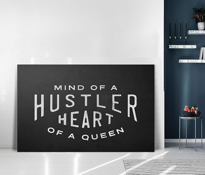 Mind Of A Hustler Heart Of A Queen - Inspirational Contemporary Entrepreneur Quotes Canvas Wall Art Black and White Motivational Framed Artwork HD Print Easy to Hang-44 Wx28 H