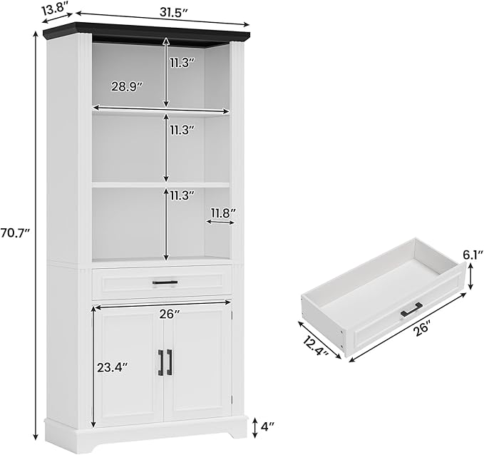 SEDETA Farmhouse Bookshelves and Bookcases with Doors and Drawer, Bookshelf with Storage, Floor Standing 6 Shelf Display Storage Shelves 70 in Tall Bookshelf for Home Office, Living Room, White