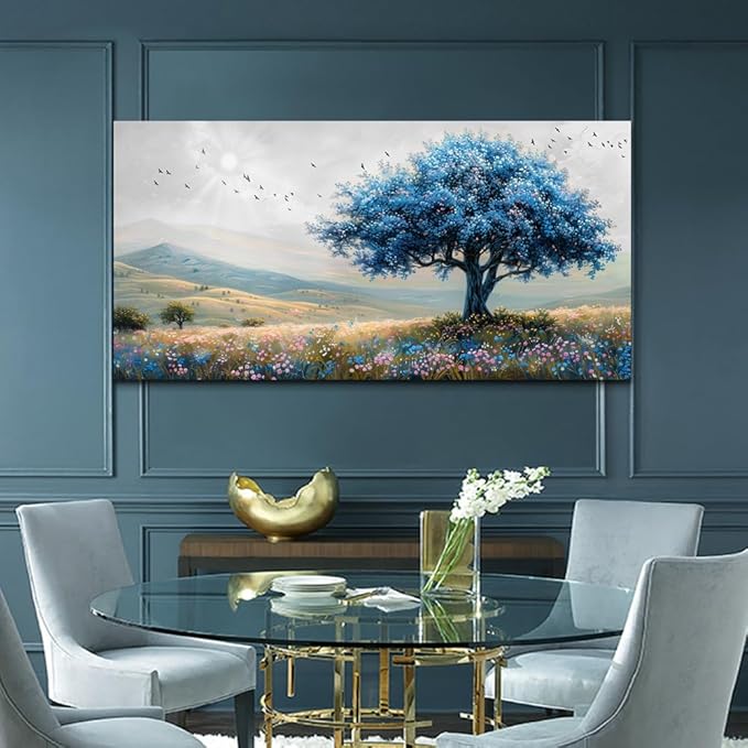 KELIYUAN Farmhouse Wall Art For Dining Room Canvas Wall Decor For Bedroom Office Modern Field Scenery Wall Painting Blue Trees Pictures Aesthetic living room Home Decor Posters Artwork 20x40 In
