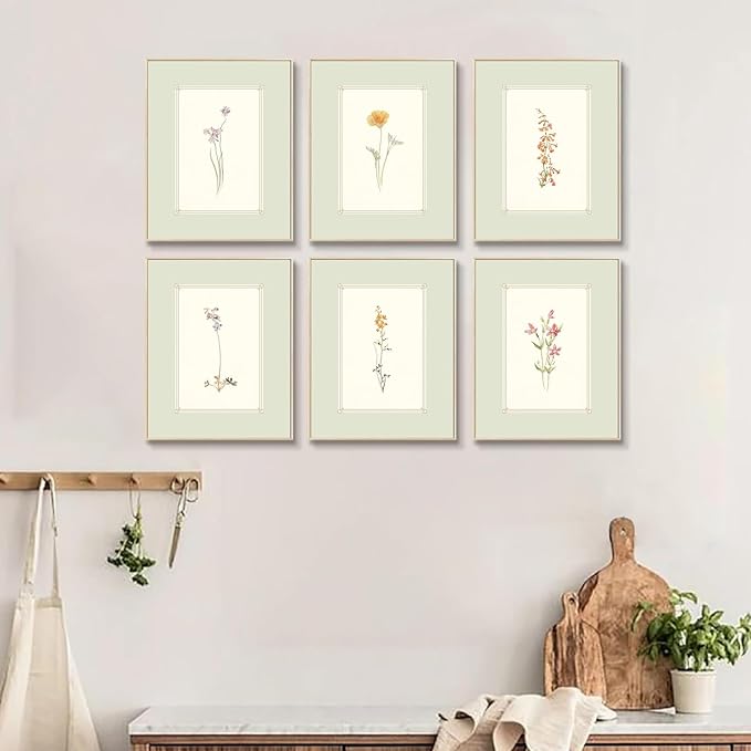 KBKBART Mint Green Floral Wall Art Set of 6 Unframed, Minimalist Abstract Flower Prints Watercolor Botanical Wildflower Wall Decor Canvas Painting, Boho Wall Decor for Bathroom, Living Room